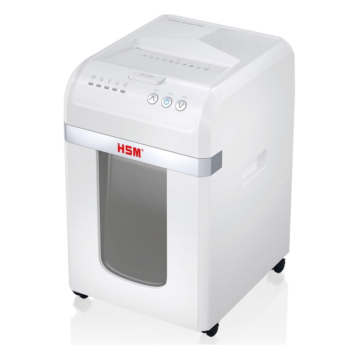 Destructeur de documents confidentiels P4 Coupe croisée Insertion papier automatique Autofeed X200 Shredstar 4 x 12 mm avec insertion papier automatique HSM - Destructeur de documents confidentiels Hsm Shredstar Autofeed X200 - 4 x 12 mm - Coupe croisée - P4 - Vue de trois quarts gauche - collecteur 30 litres vide