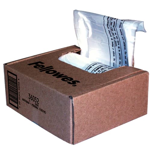 Lot de 100 sacs plastiques 23-28 L (n°36052) FELLOWES - Base - Lot de 100 sacs plastiques 23-28 L n°36052 pour tous les destructeurs de documents FELLOWES d'une contenance d'environ 23-28L