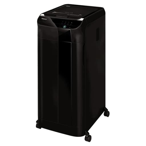 Destructeur de documents très confidentiels P5 Coupe croisée insertion papier automatique AutoMax 600M 2 x 12 mm avec insertion papier automatique FELLOWES — Vu de trois quarts sur ses roulettes, capot du chargeur automatique fermé