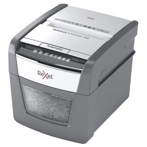Destructeur de documents confidentiels P4 Coupe croisée Insertion papier automatique Optimum Autofeed+ 45X 4 x 28 mm avec insertion papier automatique REXEL — Base