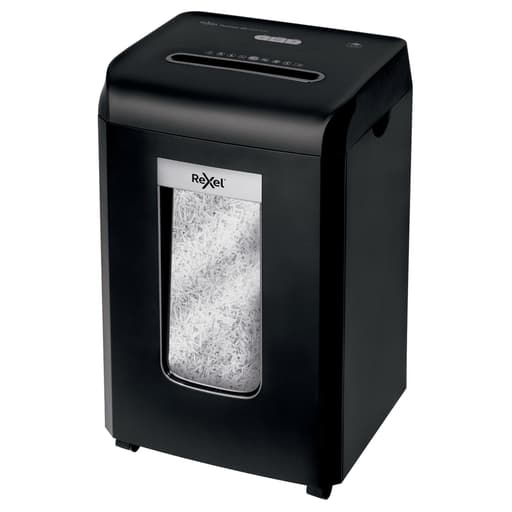 Destructeur de documents confidentiels P4 Coupe croisée Promax QS RSX1535 4 x 40 mm REXEL — Vu de trois quarts, hublot de niveau sur la corbeille de 38 litres